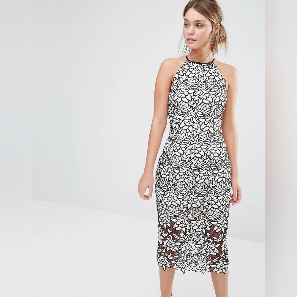 Keepsake Love Lace Midi Dress in Ivory/black lace, Size S